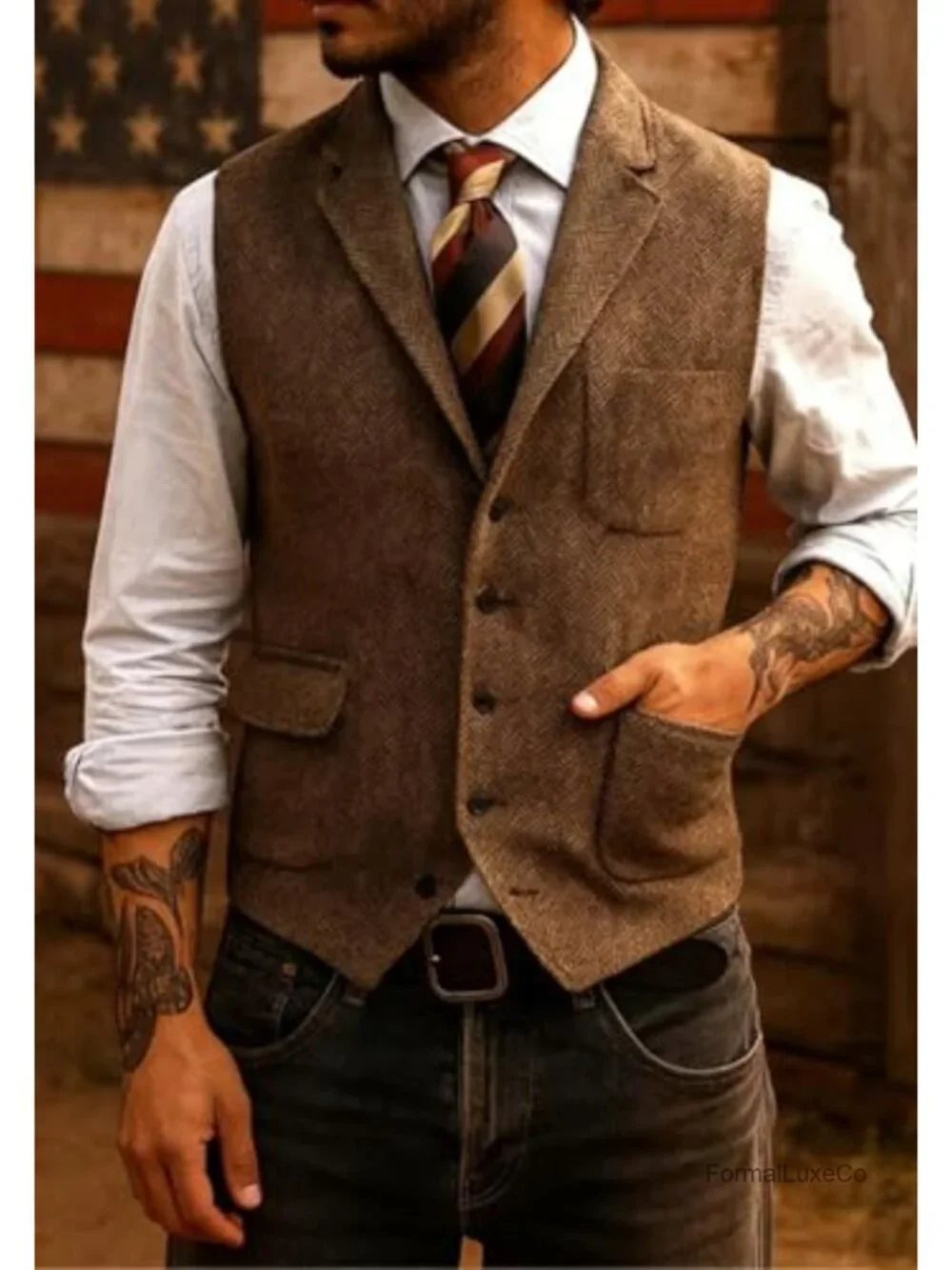 Men's Herringbone Tweed Suit Vest, Sleeveless Waistcoat for Weddings & Business